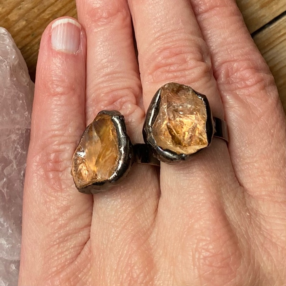 Peach Quartz Crystal Ring Statement Ring Bronze 7